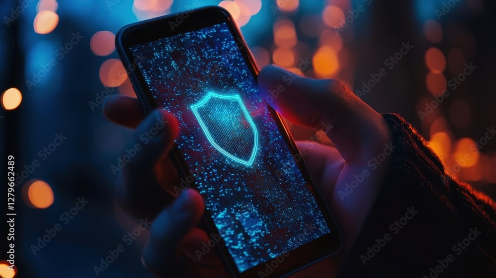 Poster hands holding mobile phone displaying glowing shield icon, representing cyber security and data prot