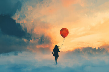 A surreal and dreamlike digital painting of a person carrying a balloon filled with their worries, slowly letting it go into the sky, symbolizing emotional release, healing, and mental clarity.