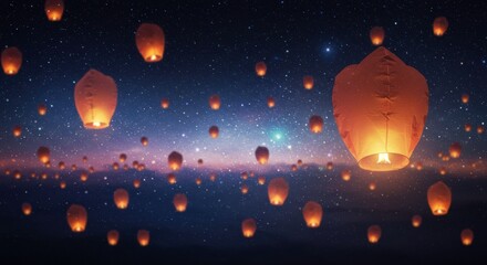 Sky Lanterns' Serenade: Numerous luminous sky lanterns ascend into a starlit, twilight expanse, painting a scene of hope, celebration and dreams taking flight.