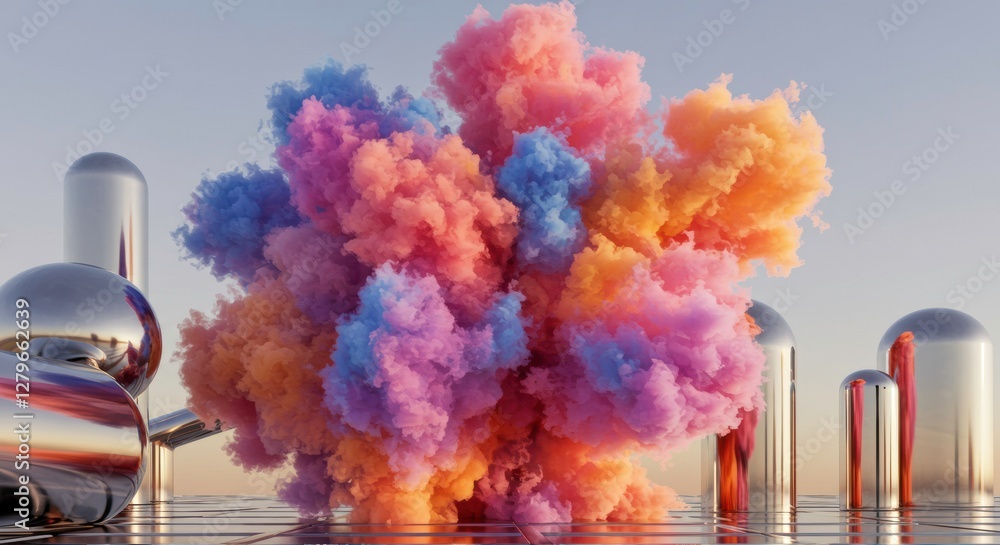 Poster explosive abstraction: a vibrant explosion of colors erupts from metallic cylinders in a surreal lan