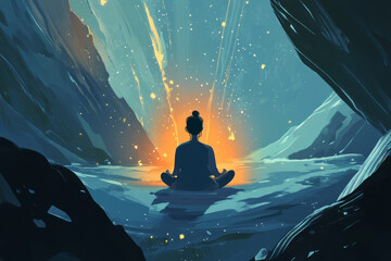 An illustration of a person sitting in a peaceful environment, breathing deeply with a soft glowing aura around them, symbolizing the power of mindfulness to reduce stress and anxiety.