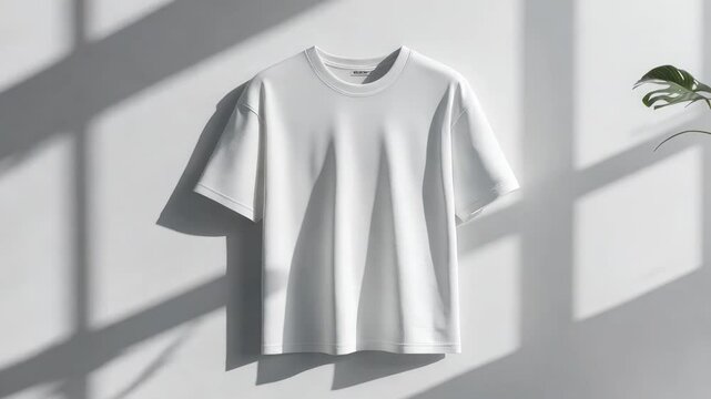 White tshirt with plant shadows shifting against a minimalist wall