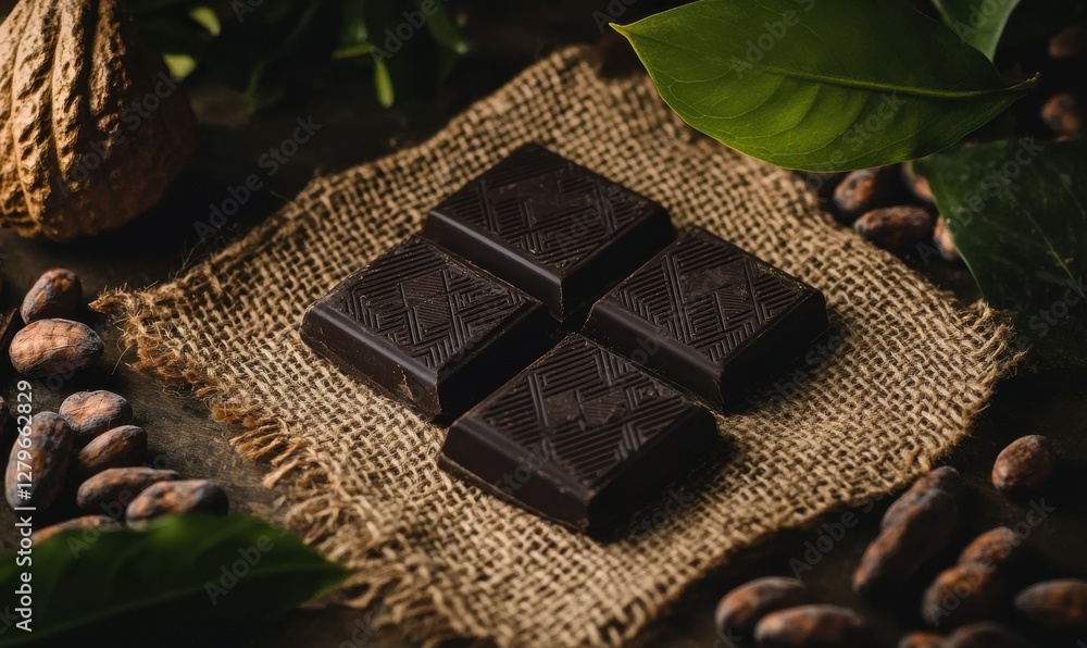 Poster dark chocolate squares placed on burlap, surrounded by cocoa beans and leaves, illuminated by soft w