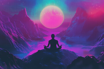 A futuristic, neon style illustration of a glowing silhouette meditating in a cosmic landscape, symbolizing deep self awareness.