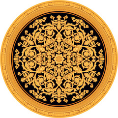 Detailed vector illustration of an ornate golden floral medallion with intricate Baroque and Rococo-style patterns on a black background. A luxurious circular design features symmetrical floral.
