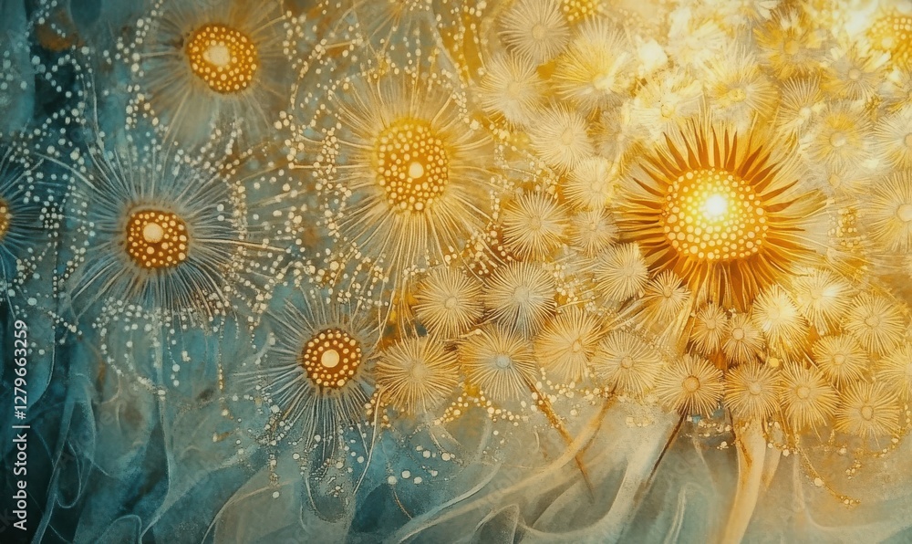 Aufkleber delicate dandelion seeds glowing under soft sunlight, their intricate patterns creating a serene and