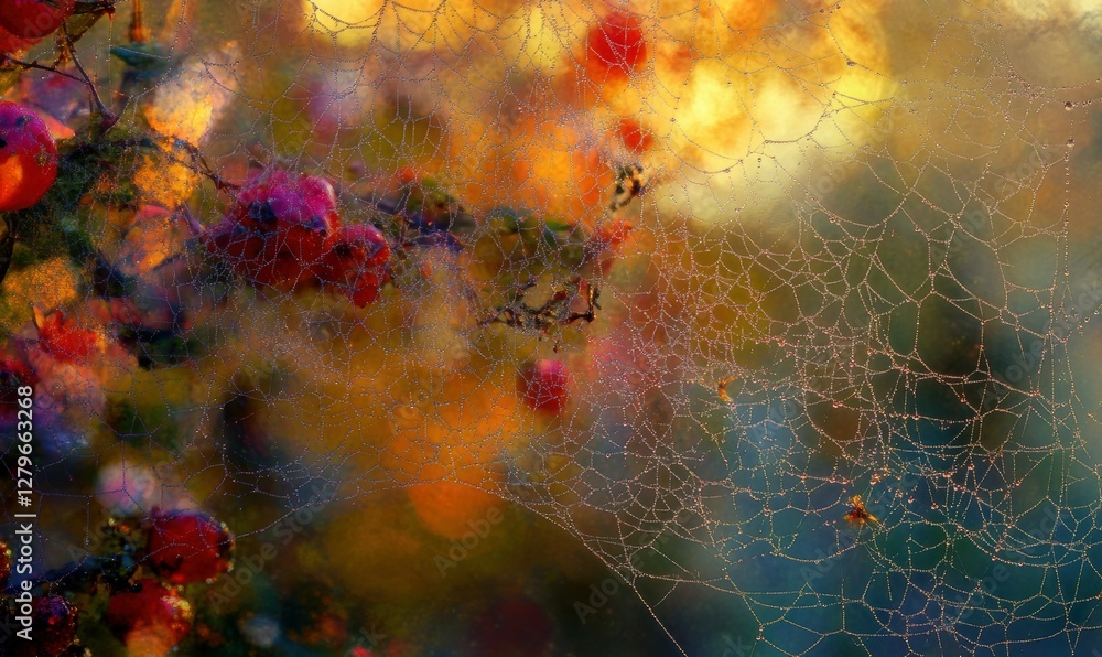 Poster delicate dew-covered spiderweb illuminated by soft morning light, its intricate details creating a s