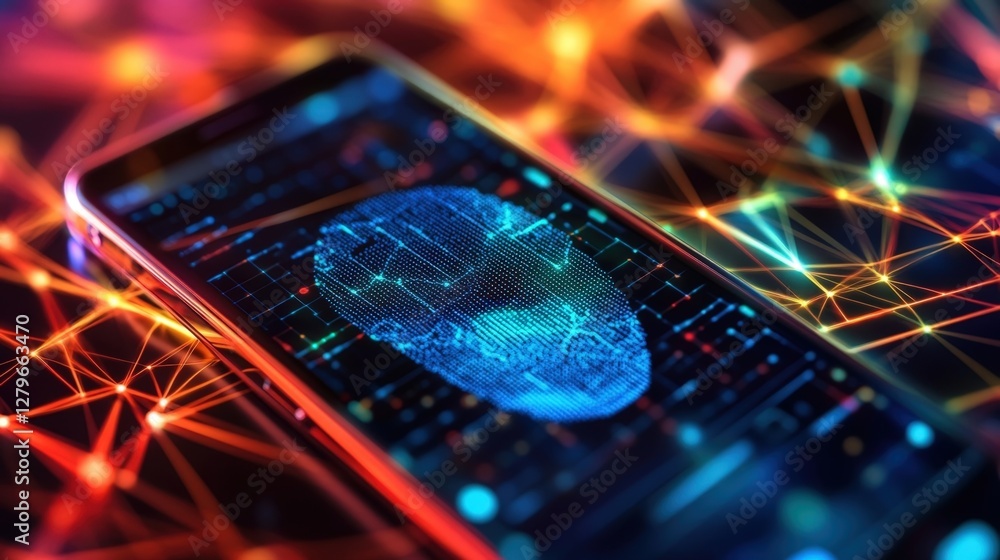 Poster fingerprint is scanning on smartphone screen for biometric cyber security, accessing private data wi
