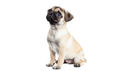 Cute pug sitting and looking curiously at camera