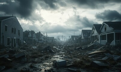 Destruction in a coastal town after a hurricane, with broken houses and debris scattered under a cloudy sky. Stark realism captures the impact of natural disasters,
