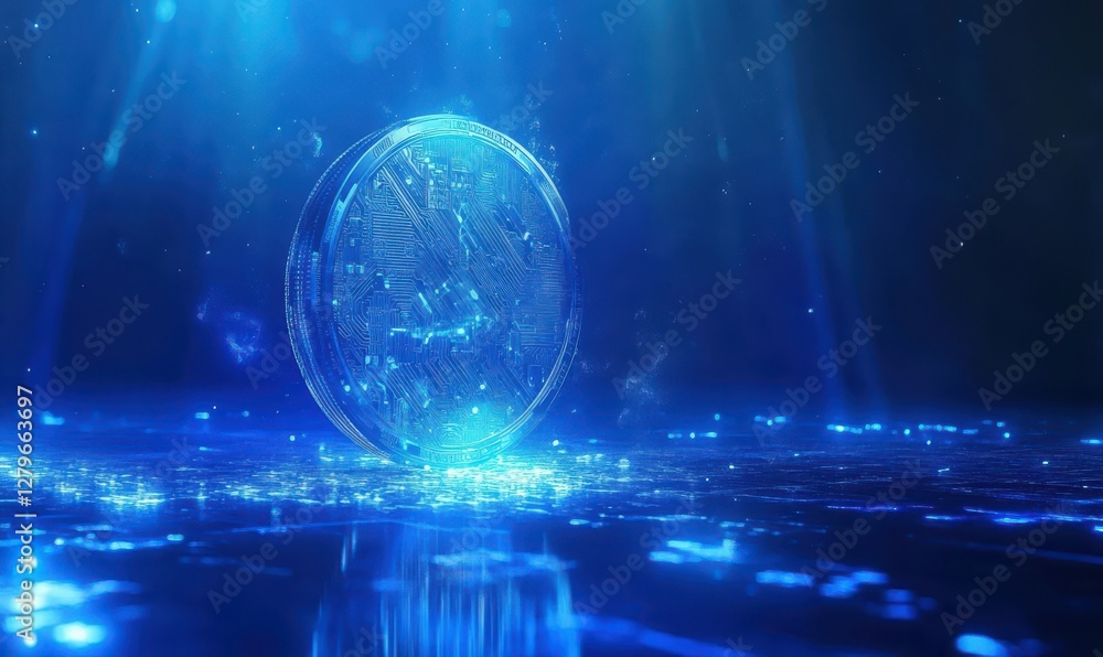 Poster digital crypto coin floating in a futuristic blue space, glowing holographic data streams forming a 