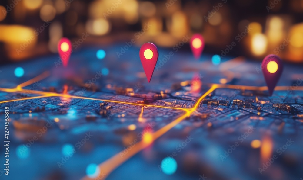 Poster digital map with multiple location markers, symbolizing global travel and location awareness.