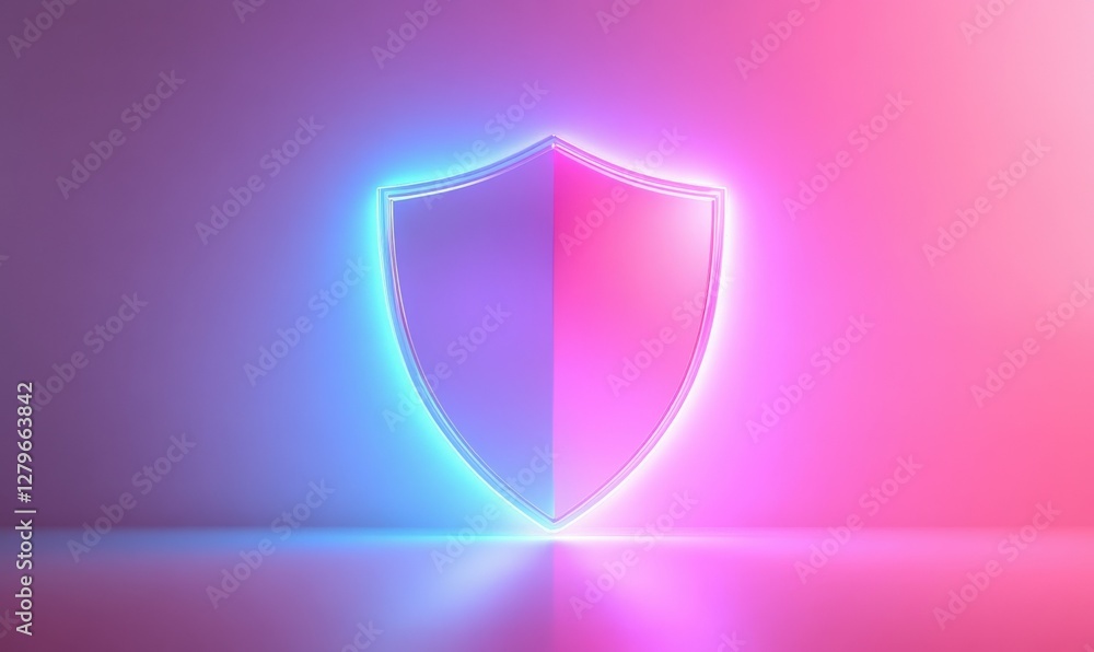 Poster digital shield glowing in soft gradient hues, symbolizing protection in modern digital spaces.