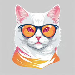 Adorable white cat wearing glasses and an orange scarf, looking charming