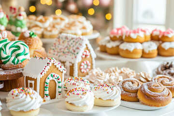A festive Christmas bakery with golden baked gingerbread houses, colorful sugar cookies, and warm cinnamon rolls on display.