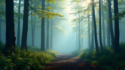 Dark forest with sun beams and trees. Spring background. Nature illustration
