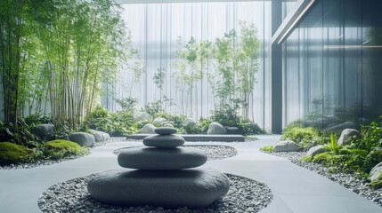 Modern Zen Garden in Office Building Interior. Potential use Stock photo