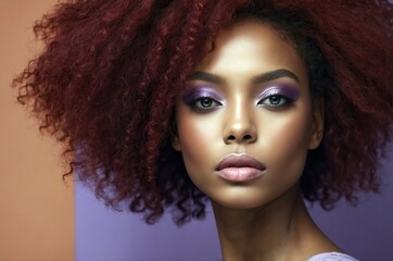 Fototapeta premium Beautiful confident photo model showcases vibrant makeup against a pastel color background in a studio setting, people and skincare, fashion theme concept. 