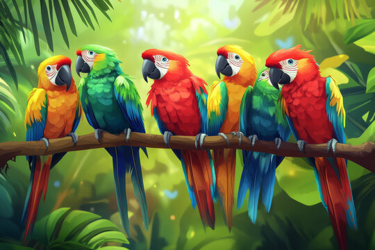 A fun and dynamic cartoon style illustration of a group of parrots perched on a jungle branch, their vibrant feathers creating a burst of color.