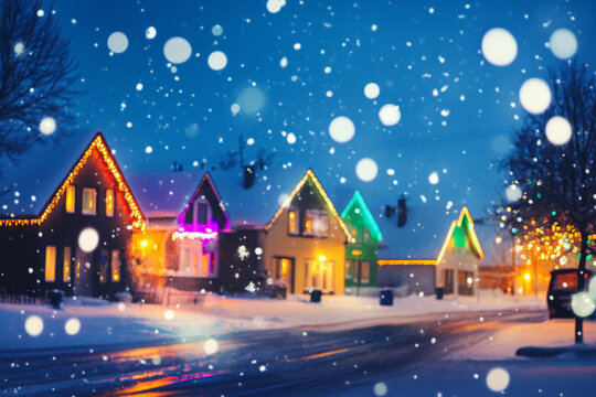 A winter village with houses decorated in rainbow Christmas lights, with warm light glowing from the windows and snowflakes gently falling.