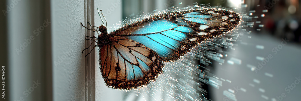 Poster digital butterfly emerges from tablet screen, transforming reality with sparkling pixels