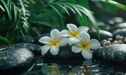 Fragrant white plumeria flowers resting on smooth stones, surrounded by tropical greenery for a serene spa-inspired setting.