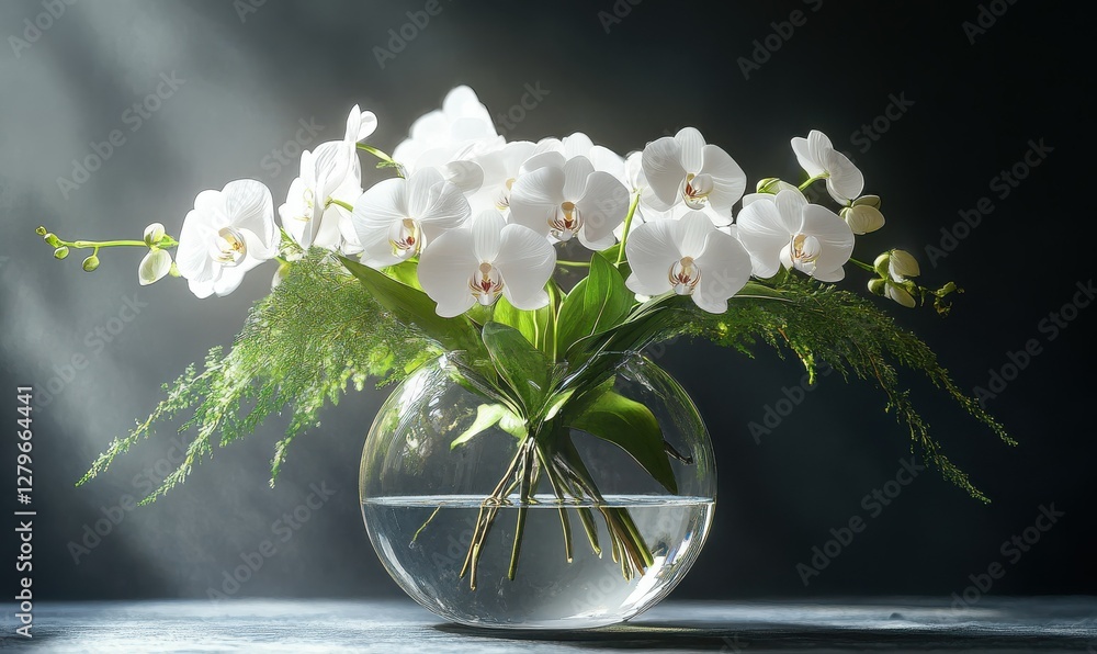 Poster elegant floral arrangement featuring white orchids and greenery placed in a clear vase illuminated b