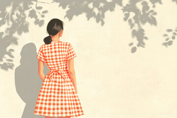 A vibrant and stylish illustration of a model in a gingham patterned dress, standing confidently with soft sunlight casting long shadows, embodying a fresh fashion statement.