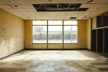 Fototapeta premium Vacant commercial interior showcasing dirt and disrepair with large windows allowing natural light to filter in