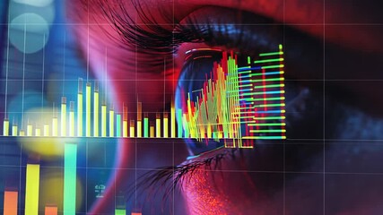 Data Vision:  A close-up of an eye reflecting vibrant financial charts and graphs, symbolizing market insights and data analysis. - Powered by Adobe