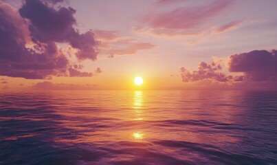 Fototapeta premium Dramatic sunset over a calm ocean with vibrant shades of purple and gold reflecting in the water creating a serene and picturesque seascape