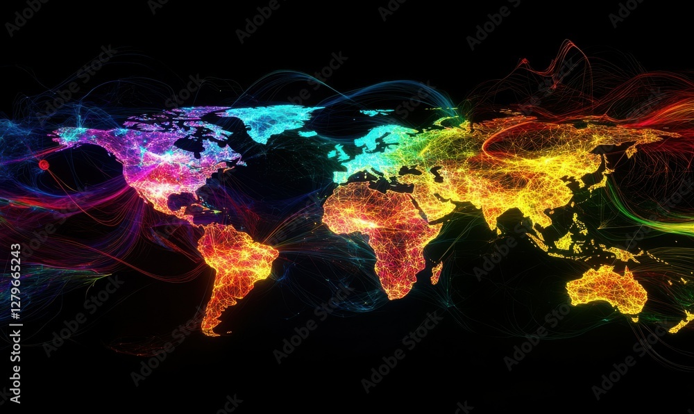 Poster dynamic 3d map of the world made of glowing neon lines and points, set against a deep black backgrou