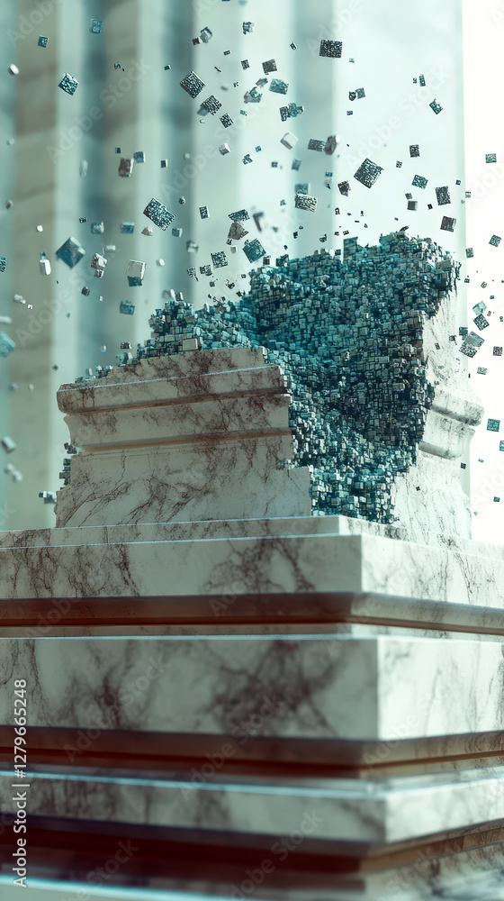Poster Floating Fragments Dissolve Classical Marble Statue Into a Digital Realm of Pixels and Data