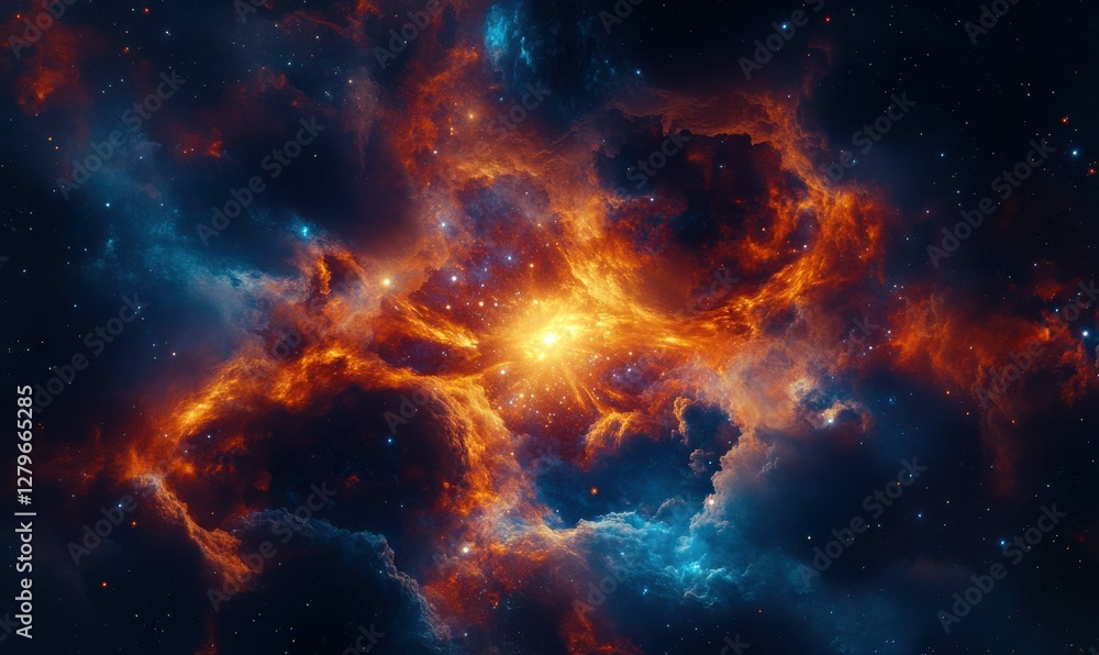 Poster dynamic abstract background with fiery red and blue smoke swirling together, creating an intense and