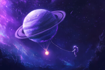 A dreamy illustration of a tiny astronaut floating in space, tethered to a glowing balloon in the shape of Saturn. The deep purples and blues of the galaxy create a mesmerizing cosmic atmosphere full