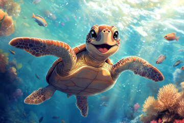 Obraz premium A cute and friendly cartoon style illustration of a smiling sea turtle swimming through crystal clear water, surrounded by small fish and coral reefs.