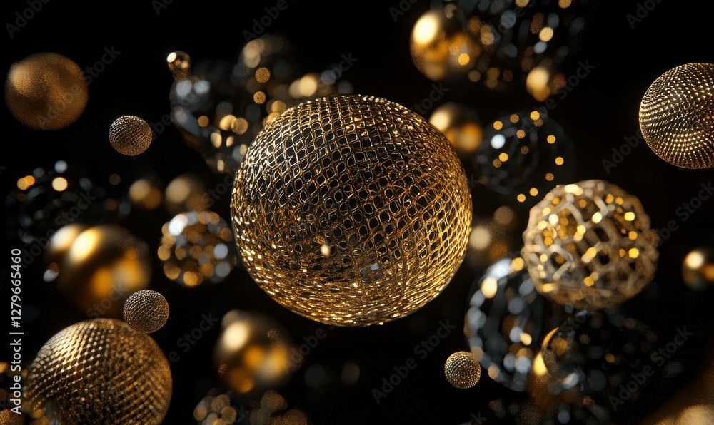 Poster dynamic composition of shimmering golden particles floating against a dark background, creating a lu