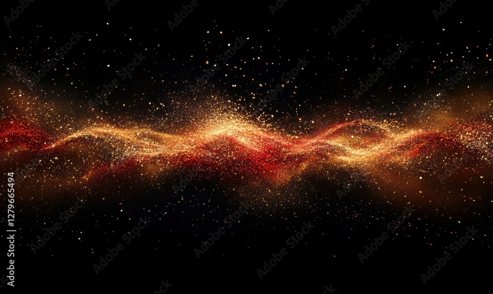Poster dynamic explosion of shimmering red and gold light particles bursting outward on a dark background, 