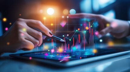 Businesswoman using a stylus pen analyzes financial charts and graphs displayed as an interactive hologram above a digital tablet, representing innovative data analysis and business strategy