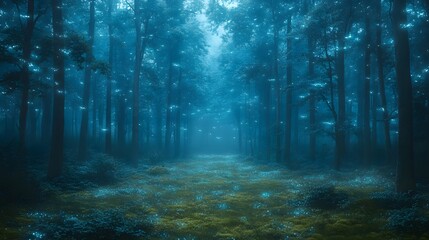 Naklejka premium Mesmerizing Dreamscape of a Serene Bioluminescent Forest Clearing Shrouded in Ethereal Moss Covered Foliage