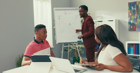 A handsome dark-skinned employee dressed in a maroon suit stands in an office next to a white board, drawing a graph, explaining relationships, conducting a training session, a conference