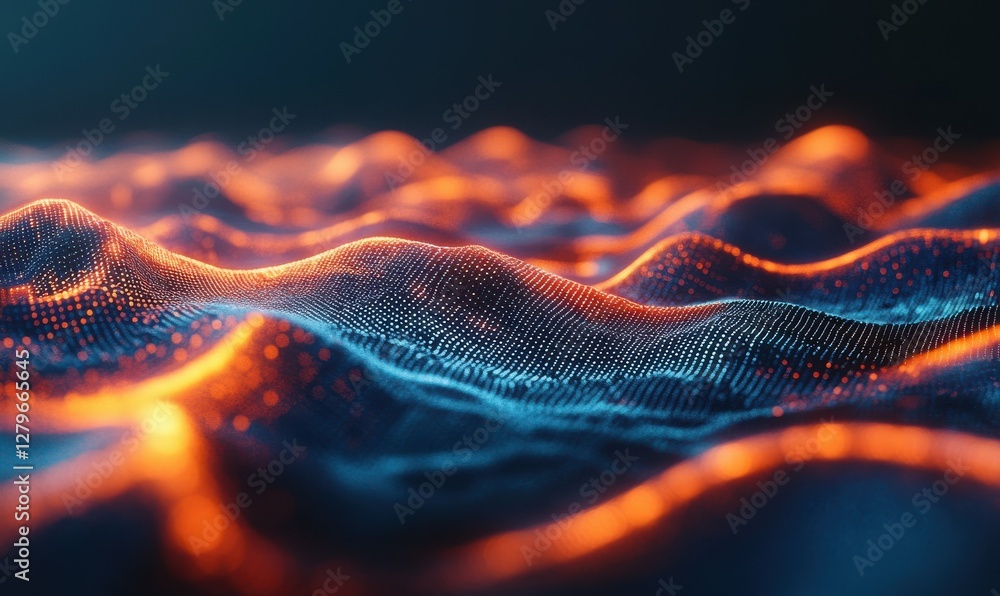 Poster dynamic futuristic scene of a glowing data grid spreading across a vast digital landscape, rich blue