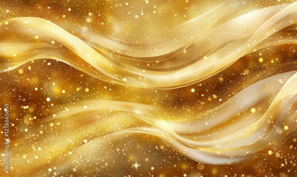 Poster dynamic golden glittering particles flowing across a deep warm backdrop, creating a celebratory and 