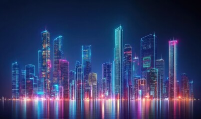 Naklejka premium Dynamic futuristic city with towering skyscrapers illuminated by vivid neon lights, glowing holograms adding a high-tech urban feel,