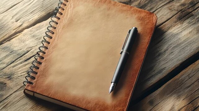 Rustic notebook and pen on wooden surface with warm sunlight: a journey of creativity