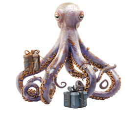 Friendly cartoon-style octopus surrounded by colorful presents in a whimsical underwater setting