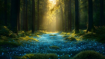 Obraz premium Enchanting Bioluminescent Forest Clearing Blanketed in Verdant Moss