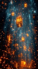 Fototapeta premium A digital cityscape with glowing interconnected cubes in a cyberpunk style, highlighted by cinematic lighting
