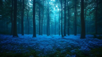 Naklejka premium Enchanting Bioluminescent Forest Clearing with Lush Moss Carpet and Towering Glowing Trees