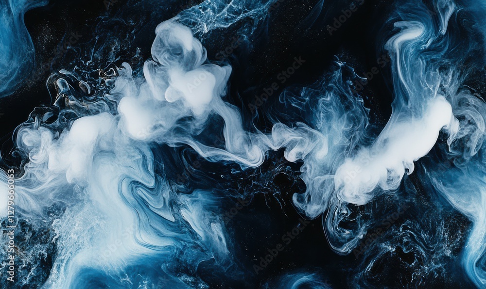 Aufkleber dynamic swirl of white and blue smoke rising against a dark background, bold contrast and intricate 